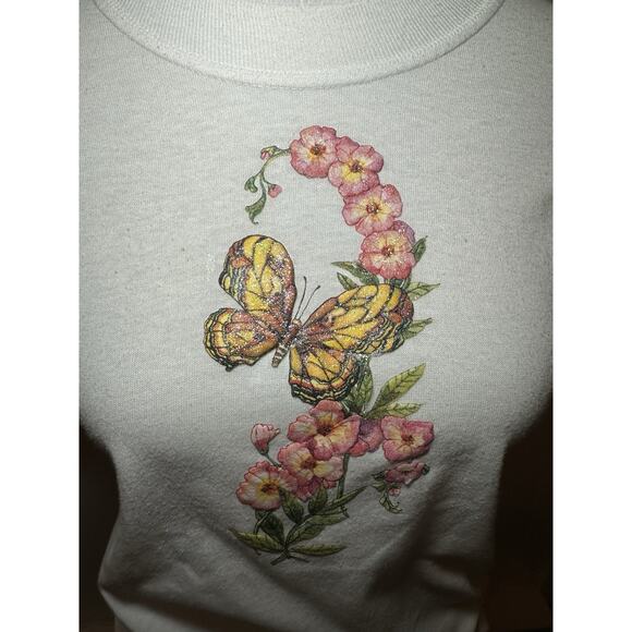 Vintage 90s Y2K Glitter Butterfly Flowers Nature Jerzees Shirt Size Small Pink - Picture 3 of 6